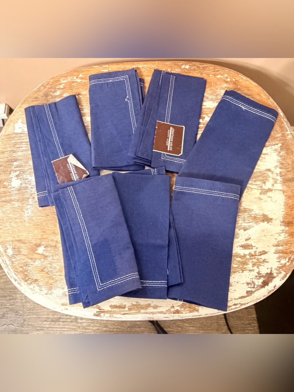 New Jonathan Adler Navy Blue Linen Napkin Set with White Stitching